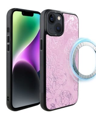 Etui do iPhone 14 IBIZU DropGuard Matt z MagSafe, Relief Garden, Różowe piwonie