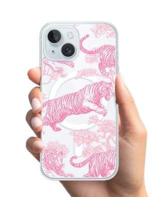 Etui do iPhone 15 Plus z MagSafe przeźroczyste, silikonowe Flexi, Mystic, Różowe tygrysy