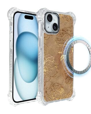 Etui do iPhone 15 IBIZU DropGuard Ultra z MagSafe, Relief Garden, Złote piwonie