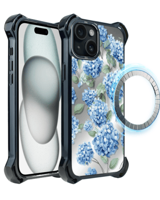 Etui do iPhone 15 Plus IBIZU DropGuard Ultra z MagSafe, Relief Garden, Szafirowa hortensja