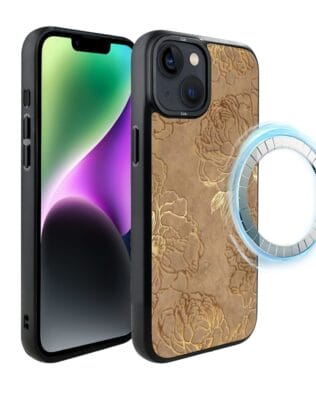 Etui do iPhone 14 Plus IBIZU DropGuard Matt z MagSafe, Relief Garden, Złote piwonie