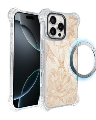 Etui do iPhone 16 Pro IBIZU DropGuard Ultra z MagSafe, Relief Garden, Botaniczny biskwit