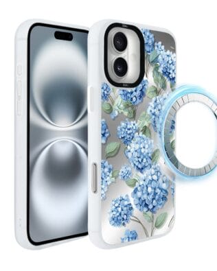 Etui do iPhone 16 IBIZU DropGuard Matt z MagSafe, Relief Garden, Szafirowa hortensja, białe