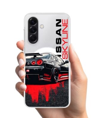 Etui do Samsung Galaxy A57 z MagSafe przeźroczyste, silikonowe Flexi, Szybkie Auta, czarny Skyline