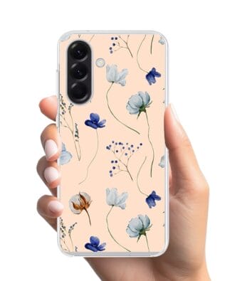 Etui do Samsung Galaxy A57 z MagSafe przeźroczyste, silikonowe Flexi, kwiatki niebieskie na pudrowym tle