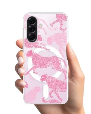 Etui do Samsung Galaxy A57 z MagSafe przeźroczyste, silikonowe Flexi, Mystic, Różowe pumy