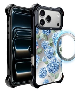 Etui do iPhone 17 Pro IBIZU DropGuard Ultra z MagSafe, Relief Garden, Szafirowa hortensja