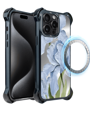Etui do iPhone 15 Pro Max IBIZU DropGuard Ultra z MagSafe, Relief Garden, Błękitny irys