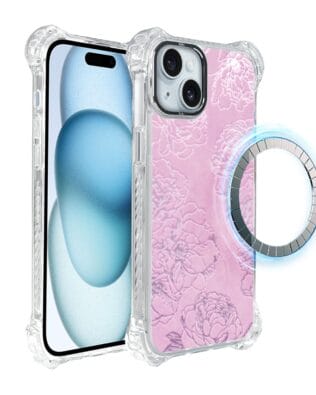 Etui do iPhone 15 IBIZU DropGuard Ultra z MagSafe, Relief Garden, Różowe piwonie