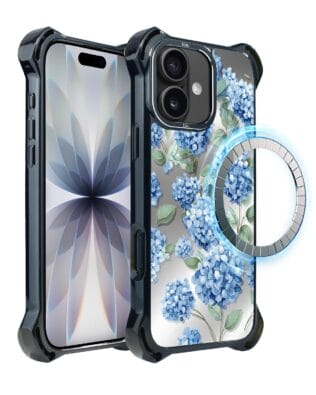 Etui do iPhone 17 IBIZU DropGuard Ultra z MagSafe, Relief Garden, Szafirowa hortensja