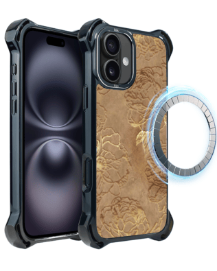 Etui do iPhone 16 IBIZU DropGuard Ultra z MagSafe, Relief Garden, Złote piwonie