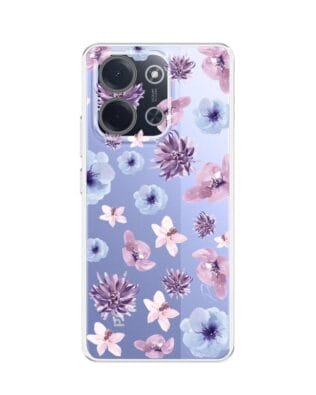 Etui do Xiaomi POCO C85 przeźroczyste, silikonowe Flexi, kwiatki niebieskie, fioletowe