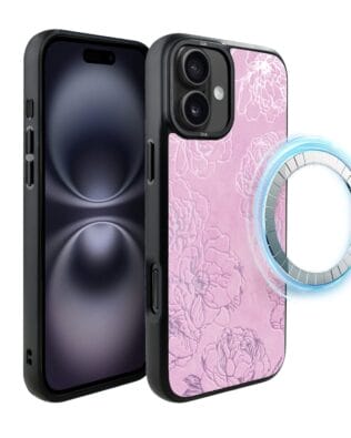 Etui do iPhone 16 IBIZU DropGuard Matt z MagSafe, Relief Garden, Różowe piwonie