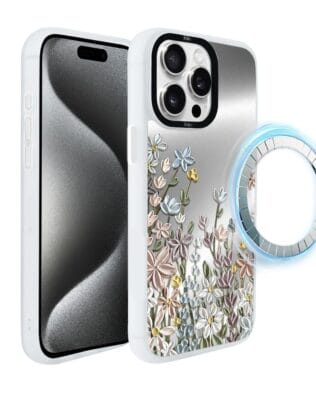 Etui do iPhone 15 Pro IBIZU DropGuard Matt z MagSafe, Relief Garden, Wiosenna łąka, białe