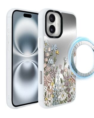 Etui do iPhone 16 IBIZU DropGuard Matt z MagSafe, Relief Garden, Wiosenna łąka, białe