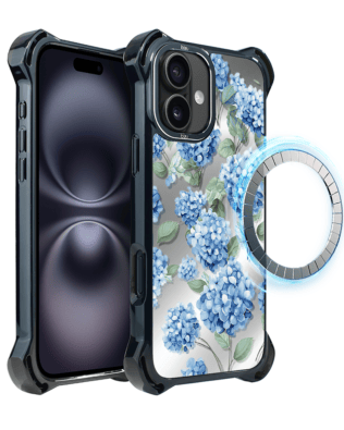 Etui do iPhone 16 IBIZU DropGuard Ultra z MagSafe, Relief Garden, Szafirowa hortensja