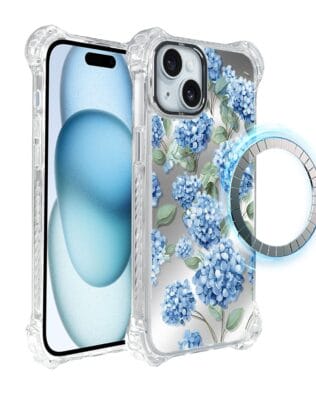 Etui do iPhone 15 Plus IBIZU DropGuard Ultra z MagSafe, Relief Garden, Szafirowa hortensja