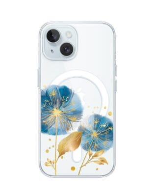 Etui do iPhone 15 Plus z MagSafe przeźroczyste, silikonowe Flexi, Kwiaty, niebieskie dmuchawce
