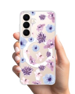 Etui do Samsung Galaxy S26 z MagSafe przeźroczyste, silikonowe Flexi, kwiatki niebieskie, fioletowe