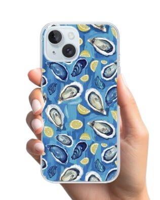 Etui do iPhone 15 Plus z MagSafe przeźroczyste, silikonowe Flexi, Summer Patterns, ostrygi z cytrynką