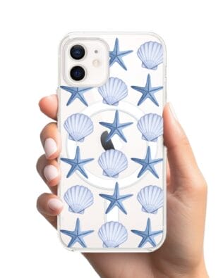 Etui do iPhone 12 Mini z MagSafe przeźroczyste, silikonowe Flexi, Summer Patterns, niebieskie rozgwiazdy