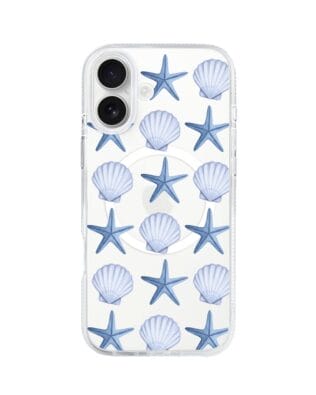 Etui do iPhone 16 z MagSafe przeźroczyste, silikonowe Flexi, Summer Patterns, niebieskie rozgwiazdy