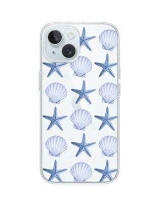 Etui do iPhone 15 Plus przeźroczyste, silikonowe Flexi, Summer Patterns, niebieskie rozgwiazdy