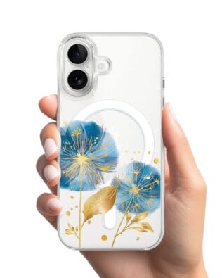 Etui do iPhone 16 Plus z MagSafe przeźroczyste, silikonowe Flexi, Kwiaty, niebieskie dmuchawce