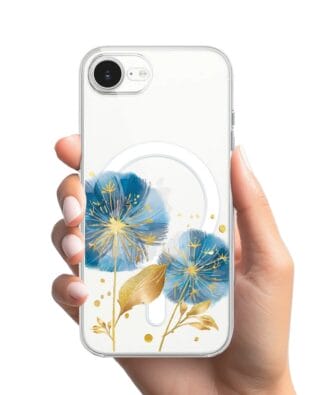 Etui do iPhone 17e z MagSafe przeźroczyste, silikonowe Flexi, Kwiaty, niebieskie dmuchawce