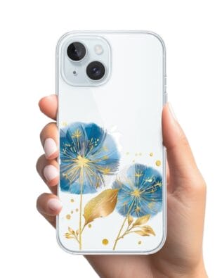 Etui do iPhone 15 Plus przeźroczyste, silikonowe Flexi, Kwiaty, niebieskie dmuchawce