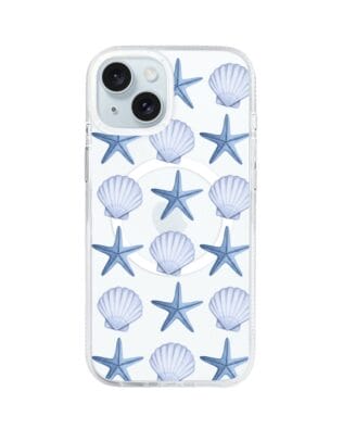 Etui do iPhone 15 z MagSafe przeźroczyste, silikonowe Flexi, Summer Patterns, niebieskie rozgwiazdy