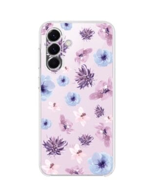 Etui do Samsung Galaxy A57 przeźroczyste, silikonowe Flexi, kwiatki niebieskie, fioletowe