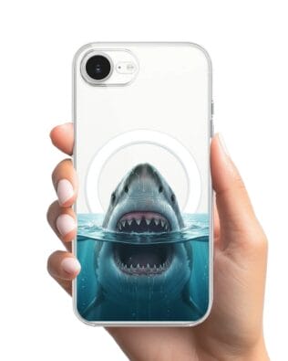 Etui do iPhone 16e z MagSafe przeźroczyste, silikonowe Flexi, Paradise, żarłacz biały