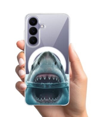 Etui do Samsung Galaxy S26 Plus z MagSafe przeźroczyste, silikonowe Flexi, Paradise, żarłacz biały