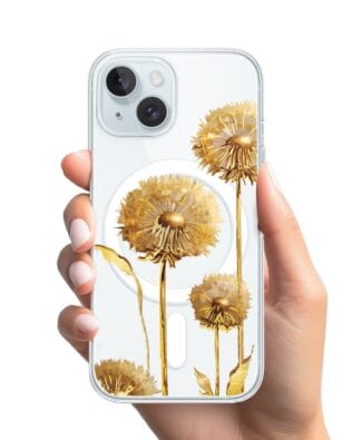 Etui do iPhone 15 Plus z MagSafe przeźroczyste, silikonowe Flexi, Kwiaty, złote dmuchawce