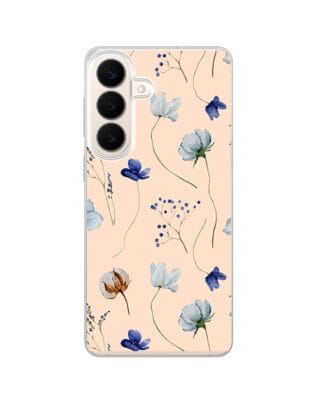Etui do Samsung Galaxy S26 Plus z MagSafe przeźroczyste, silikonowe Flexi, kwiatki niebieskie na pudrowym tle