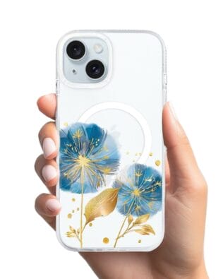 Etui do iPhone 15 z MagSafe przeźroczyste, silikonowe Flexi, Kwiaty, niebieskie dmuchawce