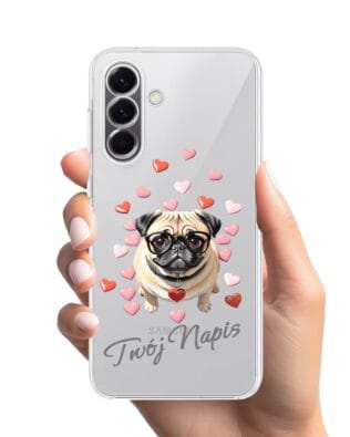 Etui do Samsung Galaxy A57 przeźroczyste, silikonowe Flexi, Puppy Love, pies rasy Mops