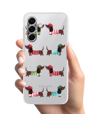 Etui do Samsung Galaxy A57 przeźroczyste, silikonowe Flexi, jamnik w Paryżu