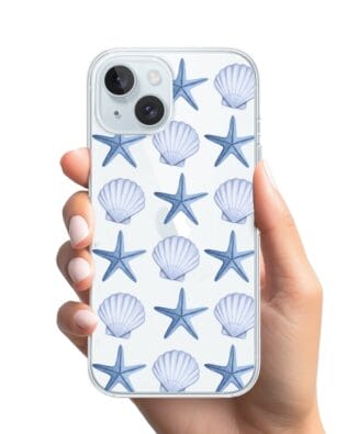 Etui do iPhone 15 Plus przeźroczyste, silikonowe Flexi, Summer Patterns, niebieskie rozgwiazdy