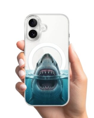 Etui do iPhone 16 Plus z MagSafe przeźroczyste, silikonowe Flexi, Paradise, żarłacz biały