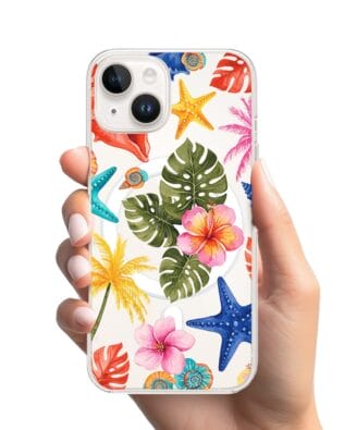 Etui do iPhone 14 Plus z MagSafe przeźroczyste, silikonowe Flexi, Summer Patterns, tropikalny wzór