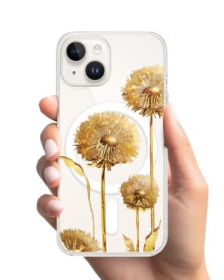 Etui do iPhone 14 Plus z MagSafe przeźroczyste, silikonowe Flexi, Kwiaty, złote dmuchawce