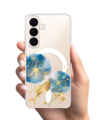 Etui do Samsung Galaxy S26 z MagSafe przeźroczyste, silikonowe Flexi, Kwiaty, niebieskie dmuchawce