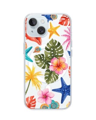 Etui do iPhone 15 Plus z MagSafe przeźroczyste, silikonowe Flexi, Summer Patterns, tropikalny wzór