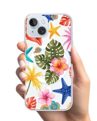 Etui do iPhone 15 Plus z MagSafe przeźroczyste, silikonowe Flexi, Summer Patterns, tropikalny wzór