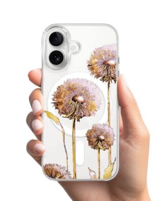 Etui do iPhone 16 Plus z MagSafe przeźroczyste, silikonowe Flexi, Kwiaty, fioletowe dmuchawce