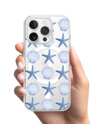 Etui do iPhone 15 Pro Max z MagSafe przeźroczyste, silikonowe Flexi, Summer Patterns, niebieskie rozgwiazdy