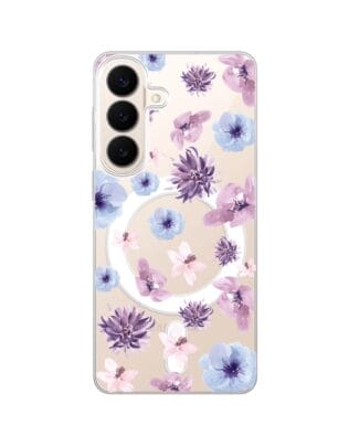 Etui do Samsung Galaxy S26 Plus z MagSafe przeźroczyste, silikonowe Flexi, kwiatki niebieskie, fioletowe