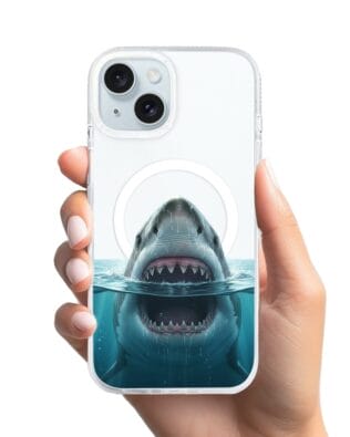 Etui do iPhone 15 z MagSafe przeźroczyste, silikonowe Flexi, Paradise, żarłacz biały